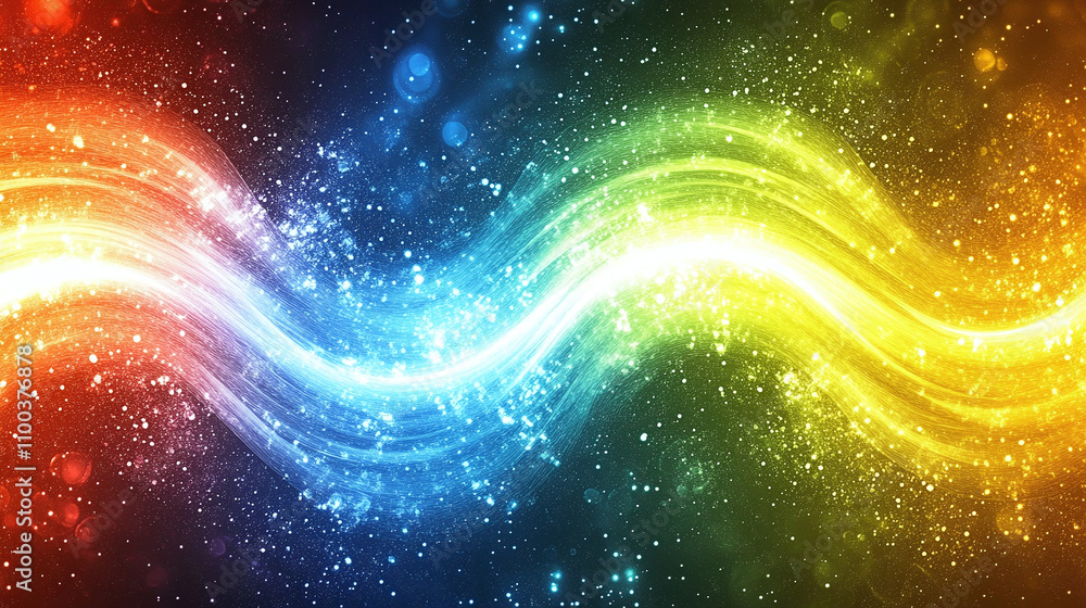 Poster vibrant abstract representation of light waves with rainbow colors blending smoothly in a sparkling 