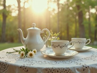 Fototapeta premium Elegant tea set with a teapot and cups on a table adorned with flowers in a sunny outdoor setting