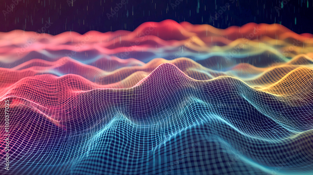 Poster colorful abstract 3d grid landscape with neon waves and dynamic patterns