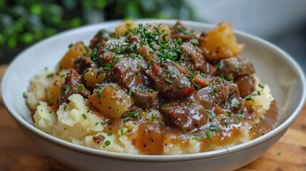Beef stew with creamy mashed potatoes, herbs, and gravy.