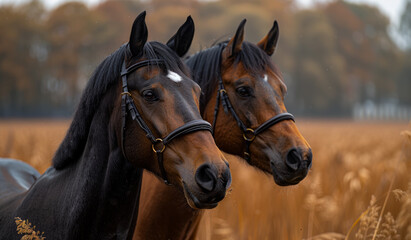 Obraz premium Two horses standing in a field with a brown and black coat. The horses are facing each other and have a bridle on their heads