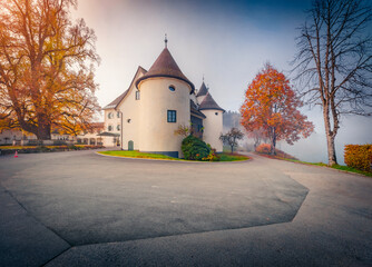 Foggy morning view of Pichlarn Castle, situated on an elevation in the Ennstal valley in Styria, at...