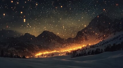 Scenic View of a Snowy Mountain with Twinkling Lights