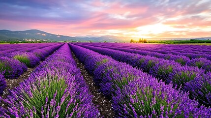 Obraz premium Lavender Field at Dusk with Glowing Sunset Sky and Purple Pink Hues