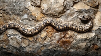Obraz premium Fossilized Snake Border on Limestone: Geological Layers and Ancient Imprints with Natural Cave Lighting. Archaeological Quality in 8K Resolution.