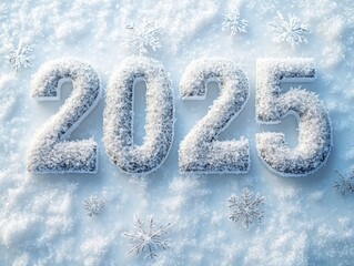 The snow-white 2025 figures, covered with other, against a snowy landscape with cones and twigs of tails.