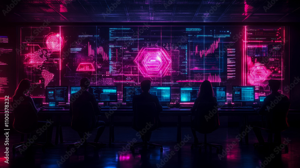 Poster specialists monitor glowing screens filled with complex data visualizations in a modern cyber securi