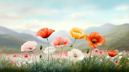 Obraz premium Vibrant Poppy Field with Soft Watercolor Hills in High