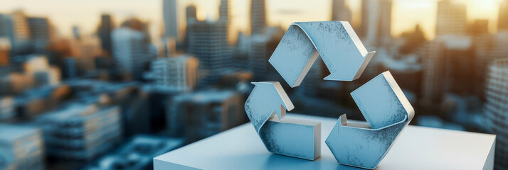 Urban landscape with recycle symbol amidst blurred cityscape