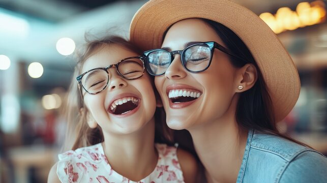 daughter and mother, both wearing glasses, spending time together and having fun