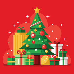 Fototapeta premium red christmas background with decorated christmas tree and presents
