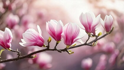Obraz premium Pink spring magnolia flowers branch 