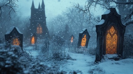 A snowy graveyard scene with glowing gravestones and a distant gothic church.
