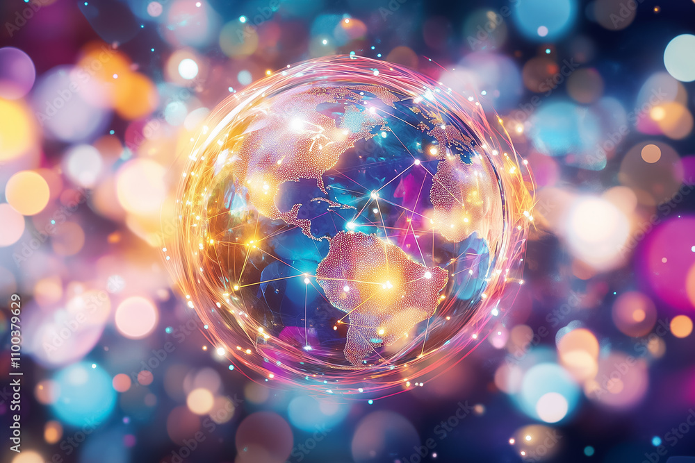Poster a vibrant globe is illuminated by connections and surrounded by a cascade of colorful lights in a co