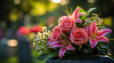 Fototapeta premium Pink and Red Funeral Flowers on a Grave in a Cemetery, AI GENERATIVE