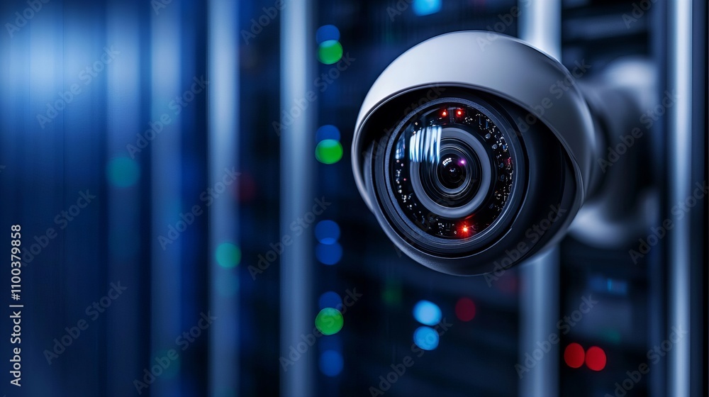 Poster close-up of a security camera in a data center with led lights reflecting a tech-savvy environment.