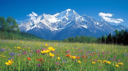 Stunning Alpine Flower Meadow with Majestic Snow Capped Mountains in the Background
