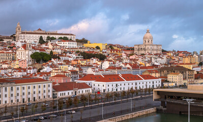 Panoramic Exposure done from a Cruise ship in the Cruise Ship terminal in Lisbon, of the Alfama neighborhood upon departure on the tagus river, Portugal