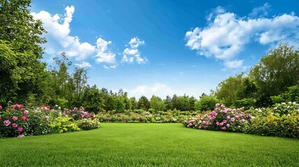 Fototapeta premium Stunning Rose Garden Surrounded by Lush Green Foliage and Bright Blue Skies