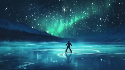 A figure stands on frozen water under a starry sky with northern lights.