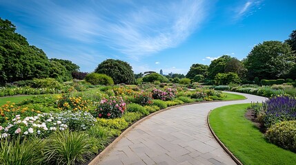 Obraz premium Lush Rose Garden Surrounded by Verdant Foliage Under Bright Blue Sky