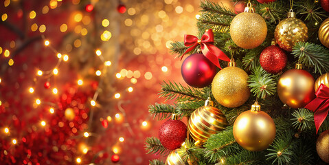 Obraz premium Christmas tree with red and gold ornaments and ribbons