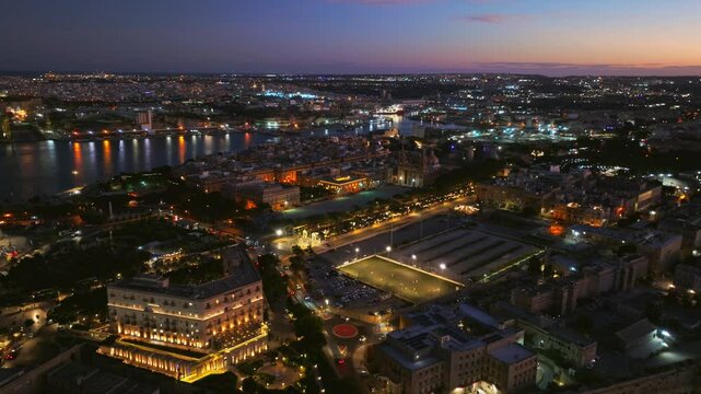 Drone sunset evening view of Valletta and Floriana. Maltese island