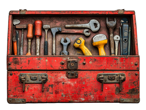 Weathered Red Toolbox with Tools Slightly Spilling Out