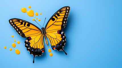 Obraz premium A vibrant yellow butterfly sits against a blue background, surrounded by splashes of yellow paint, creating a striking contrast and artistic flair.