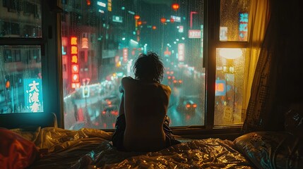 Obraz premium Person sitting by window, rainy night city view.