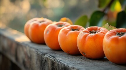 Close up of persimmons arranged in a row, with soft natural lighting and a blurred rustic background