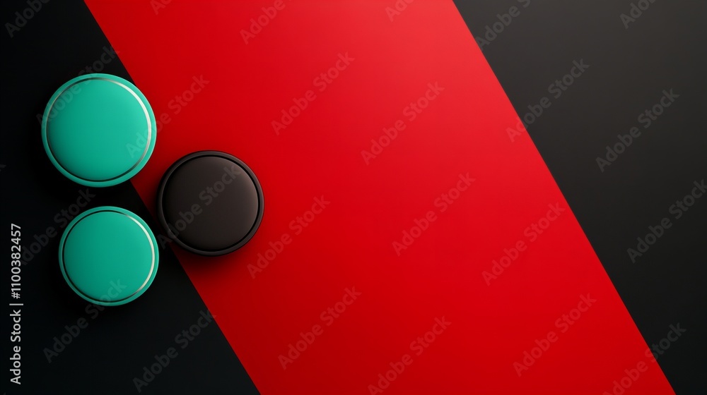 Poster three stylish round objects in teal and black on a vibrant red and black background.