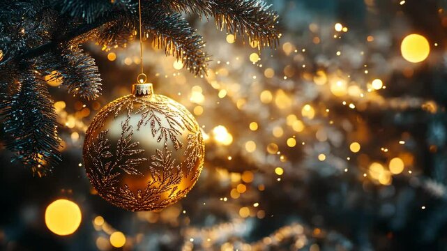 Glowing golden tree ornaments with detailed engravings, hanging from a tree surrounded by soft, warm lights. . 4K Video