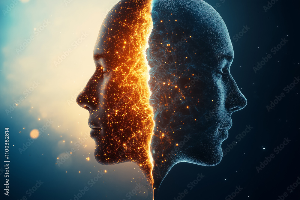 Poster visual representation featuring earth split into two contrasting sides, highlighting balance and con