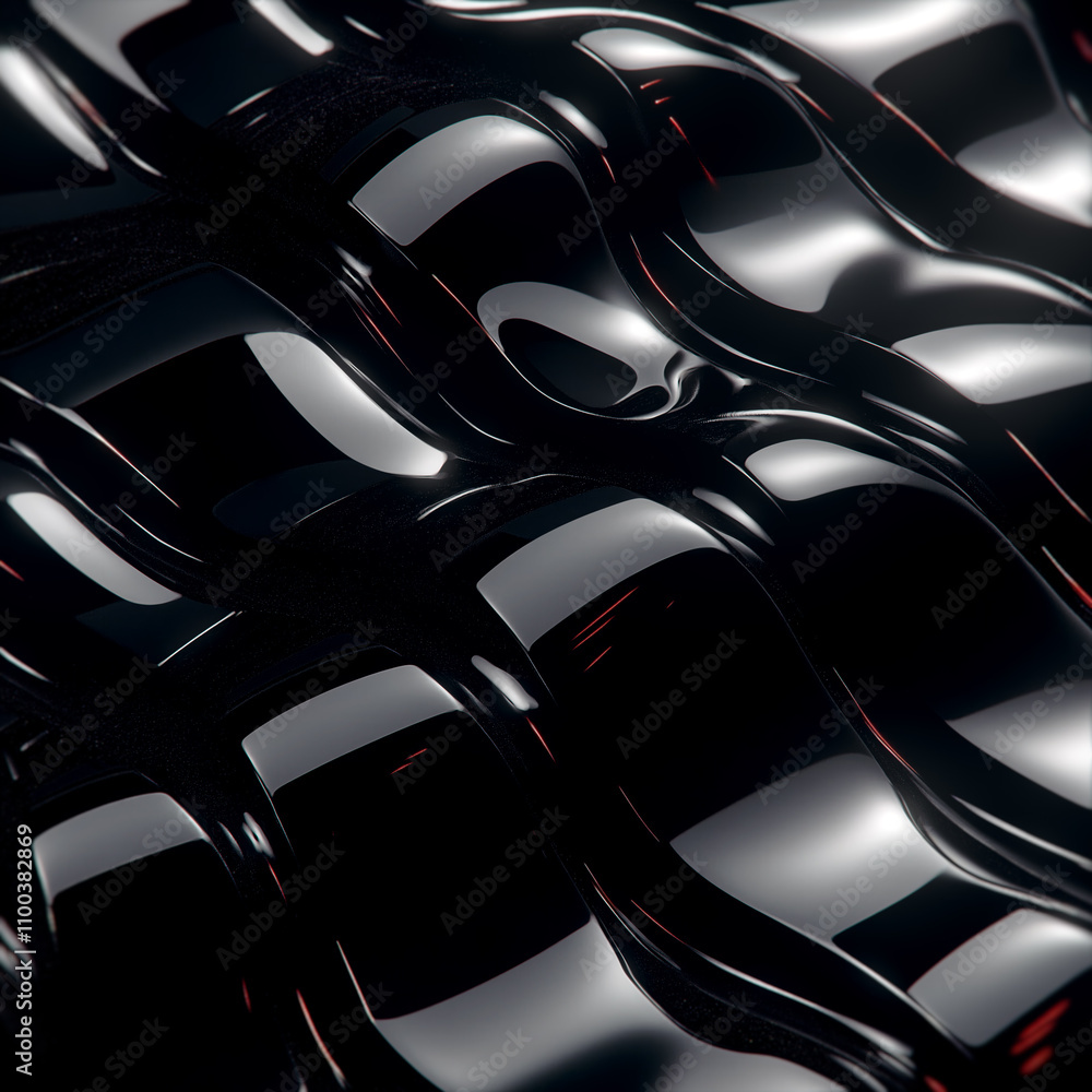 Poster Glossy waves in black, gently curving and playing with the light. Bright red highlights between the waves add a sense of energy and dynamism to the composition