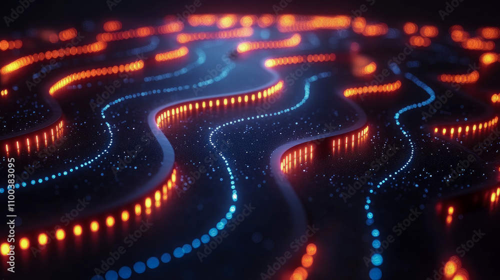 Poster glowing wavy lines in vivid orange and blue create a dynamic visual display against a dark backgroun