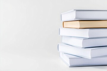 Minimalist composition of stacked white soft cover books on a bright background with focused lighting