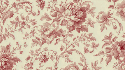 Vintage floral pattern with detailed red blooms and leaves on cream background