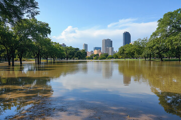 Obraz premium City park turned into a temporary lake after extreme weather