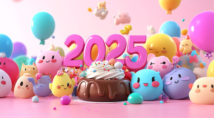 Fototapeta premium Colorful celebration with cute characters and a cake for the 2025 new year party