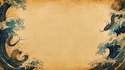 Mythical Snake Spirits and Wave Patterns in Ukiyo-e Style: Traditional Woodblock Print on Rice Paper with Kanji Characters and Generous Copy Space. 4K Resolution.