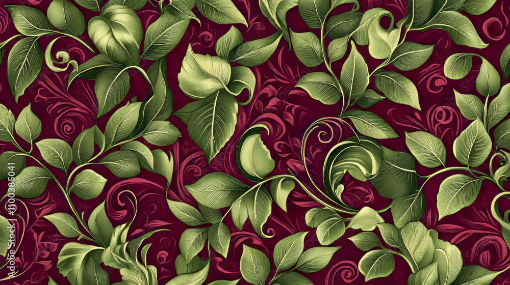 Poster intricate green leaf pattern on deep red background with swirling details