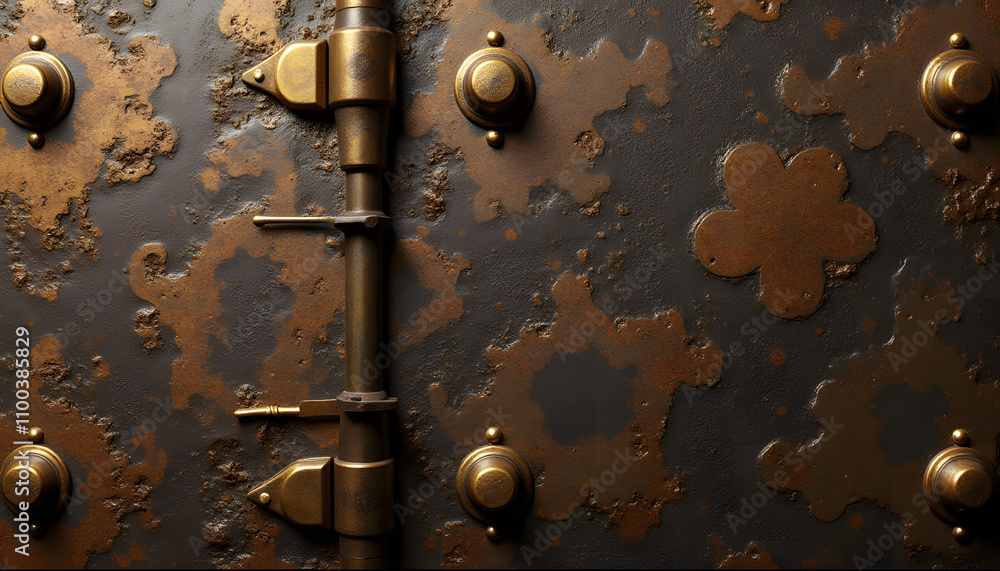 Wall mural oxidized brass hardware texture with intricate patterns and rich colors, illuminated by soft lightin