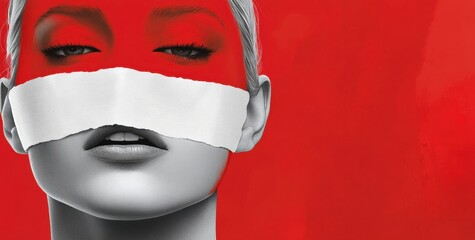 The concept of freedom of speech, freedom of expression, democracy, feminism, and censorship is depicted in a surreal painting, a portrait illustration, political art, women's rights, and conceptual