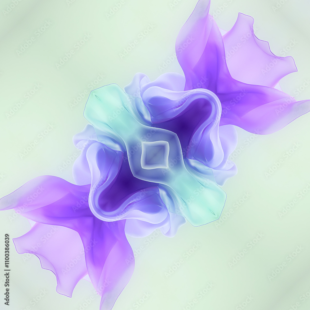 Poster Abstract symmetrical scene with shimmering fabrics in gradients of blue and purple. Soft curves and soft transitions create an atmosphere of subtle lightness and volume, adding dynamism and grace to t