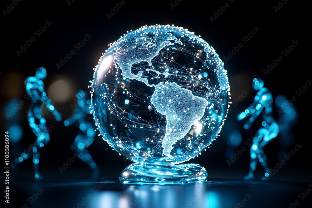 Poster globe made of glowing lines and dots represents global connectivity while abstract figures engage ar