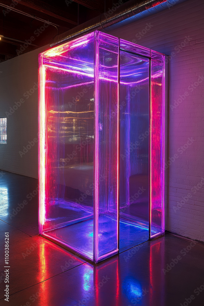 Aufkleber a colorful art installation illuminated with neon lights stands in a contemporary gallery, creating 