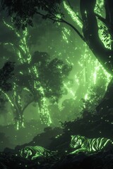 Fototapeta premium Glowing forest, two resting tigers.