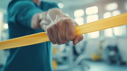 Patient performing arm rehabilitation exercises with a resistance band, focusing on stretch and tension control in a professional therapy environment with blurred gym equipment.