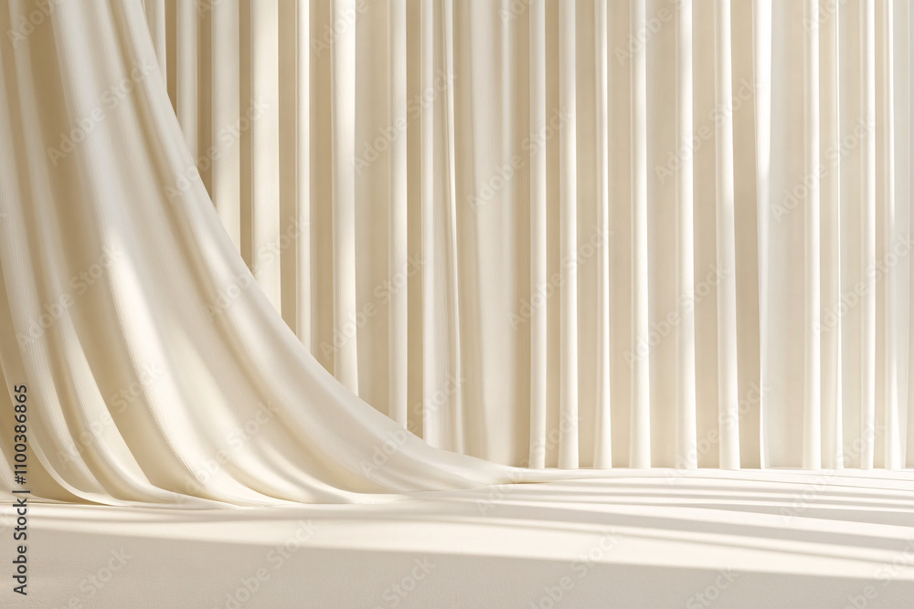 Poster soft drapes cascade gracefully in a light, serene space, creating elegant shadows and a calming atmo